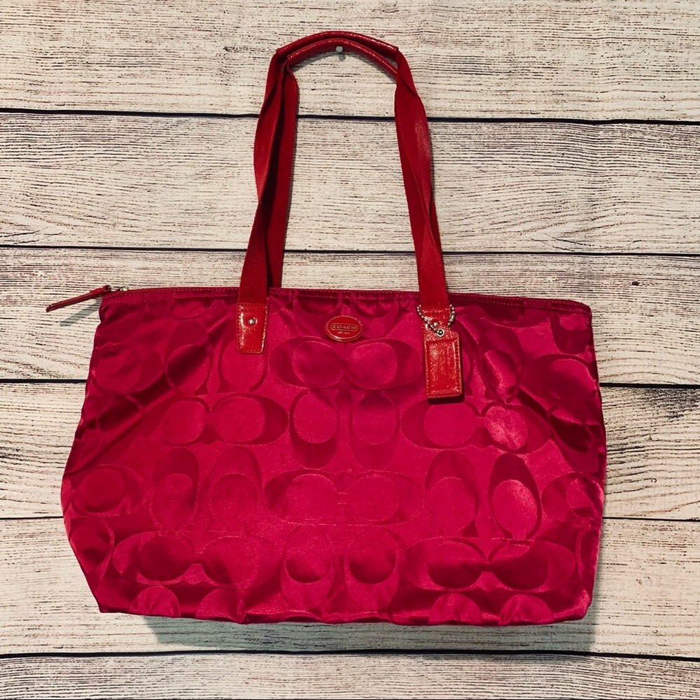COACH getaway signature nylon weekender purse tote bag pink 12” x 20”